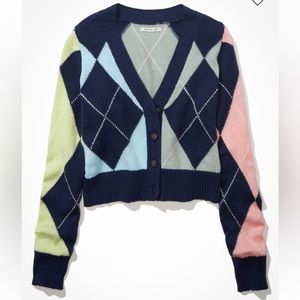 AE CROPPED ARGYLE BUTTON-UP CARDIGAN, NWT, Size XS